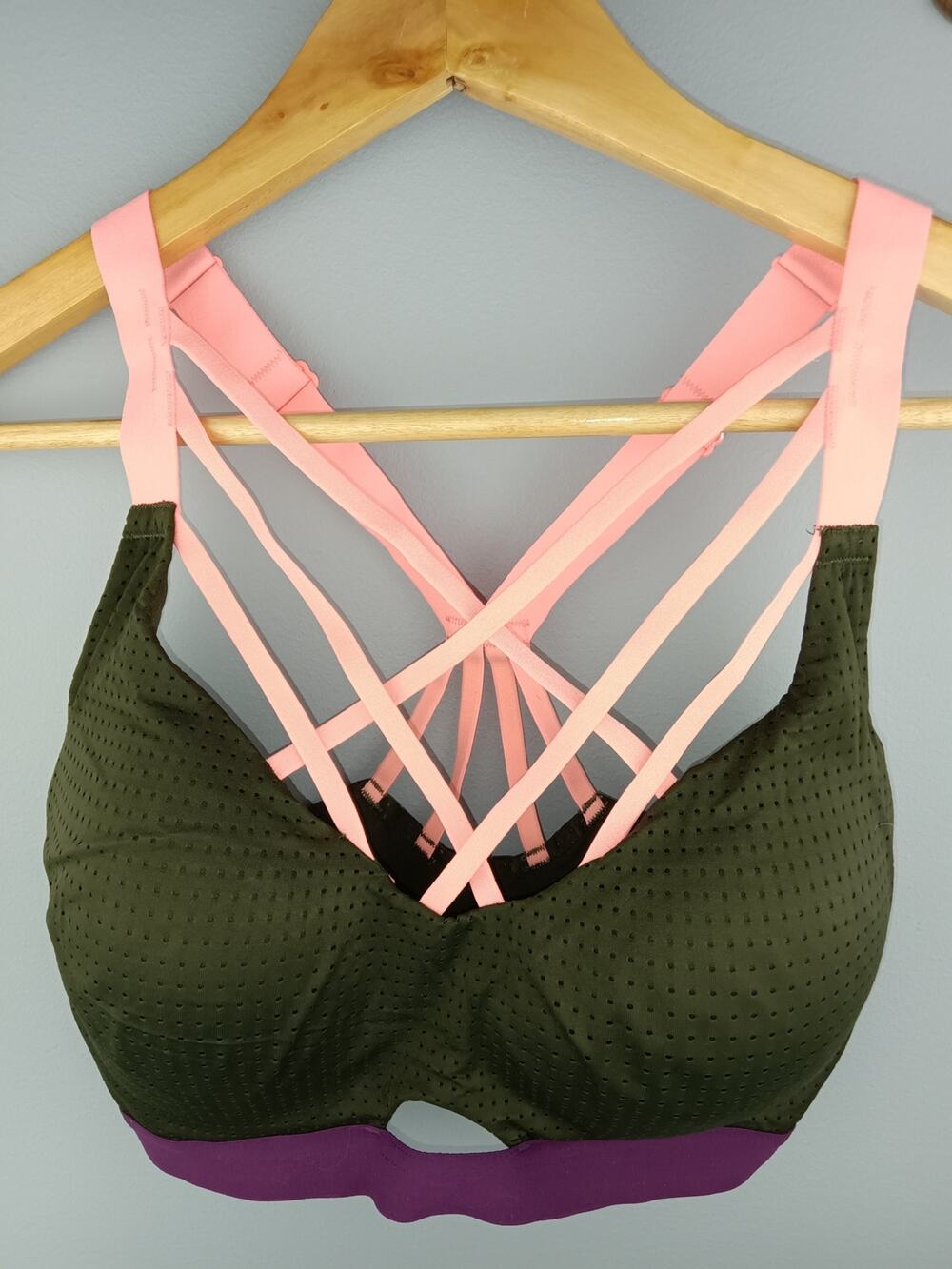 Victoria Sport Olive Green Sports Bra with Pink Straps Purple Band 32DD